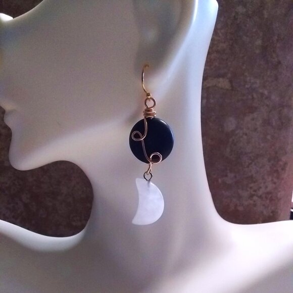 OOAK Black Jasper Coin & Quartz Moon Earrings | Wire Wrapped | Moon Goddess - Picture 3 of 10
